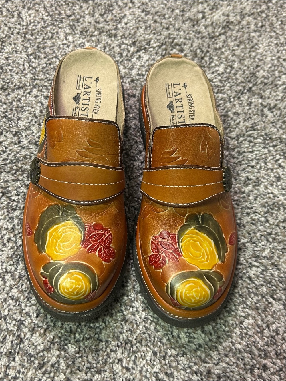 Spring Step Brown Leather Floral-Accent Clogs with Yellow Roses